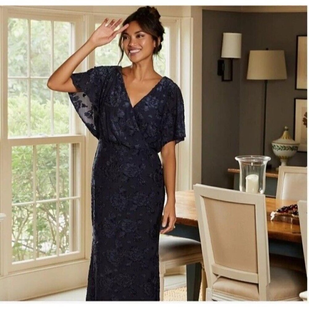 Adrianna Papell Womens 2 Navy Floral Burnout Velvet Long Blouson Dress Gown New - Picture 6 of 16
